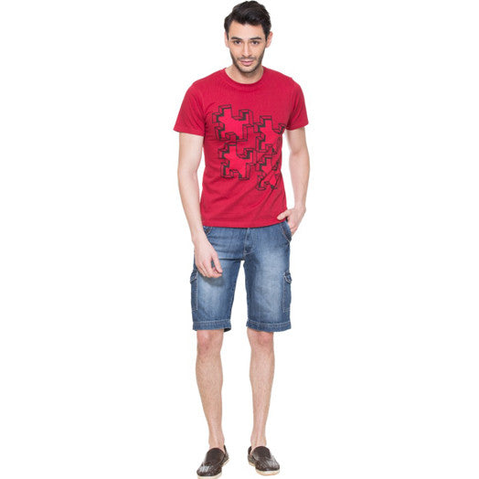 Flag Red Solid Pique Knit Polo T-shirt With Attached Blue Hem